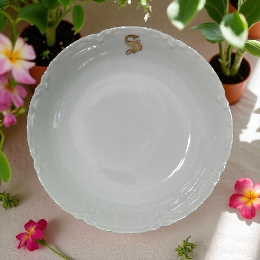 VTG HAVILAND  FRANCE SCALLOPED FRUIT DESSERT BOWL WHITE GOLD MONOGRAM "S"